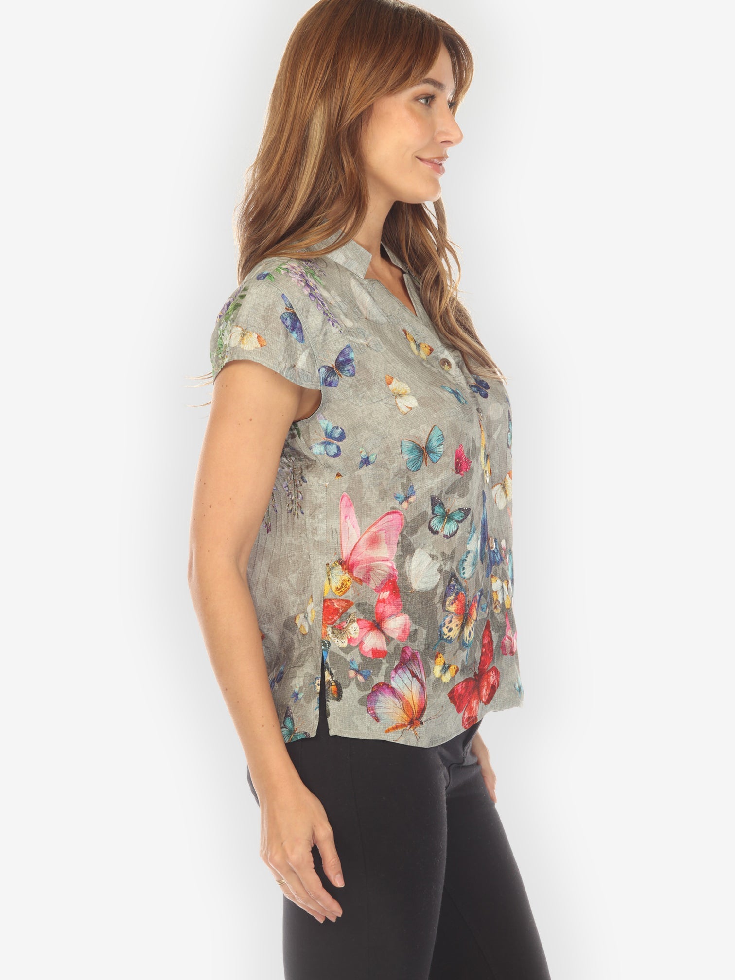 Cap Sleeve Blouse Swarm of Butterflies Cap Sleeve Silk Blouse