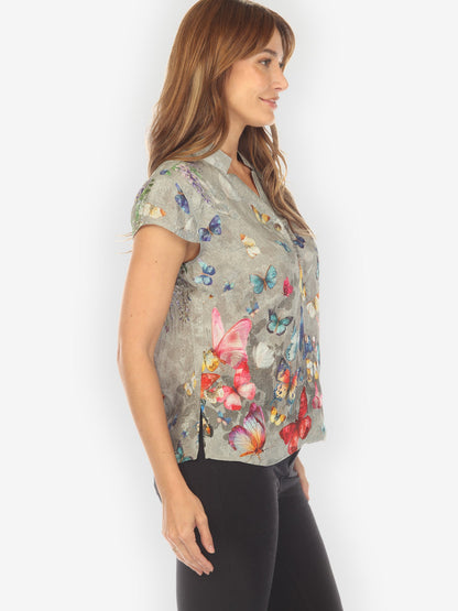 Cap Sleeve Blouse Swarm of Butterflies Cap Sleeve Silk Blouse