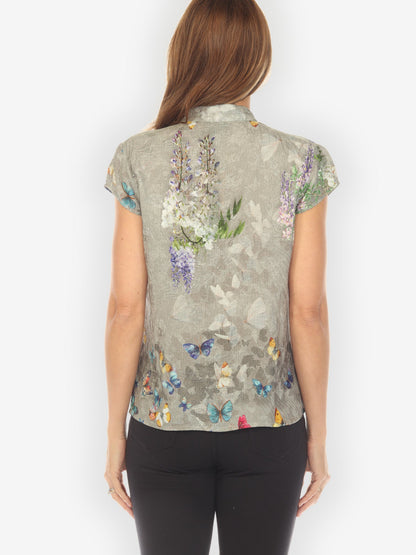 Cap Sleeve Blouse Swarm of Butterflies Cap Sleeve Silk Blouse