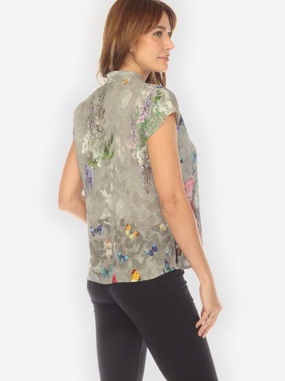 Cap Sleeve Blouse Swarm of Butterflies Cap Sleeve Silk Blouse