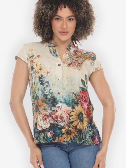 Vintage Floral Art Silk Cap Sleeve Blouse