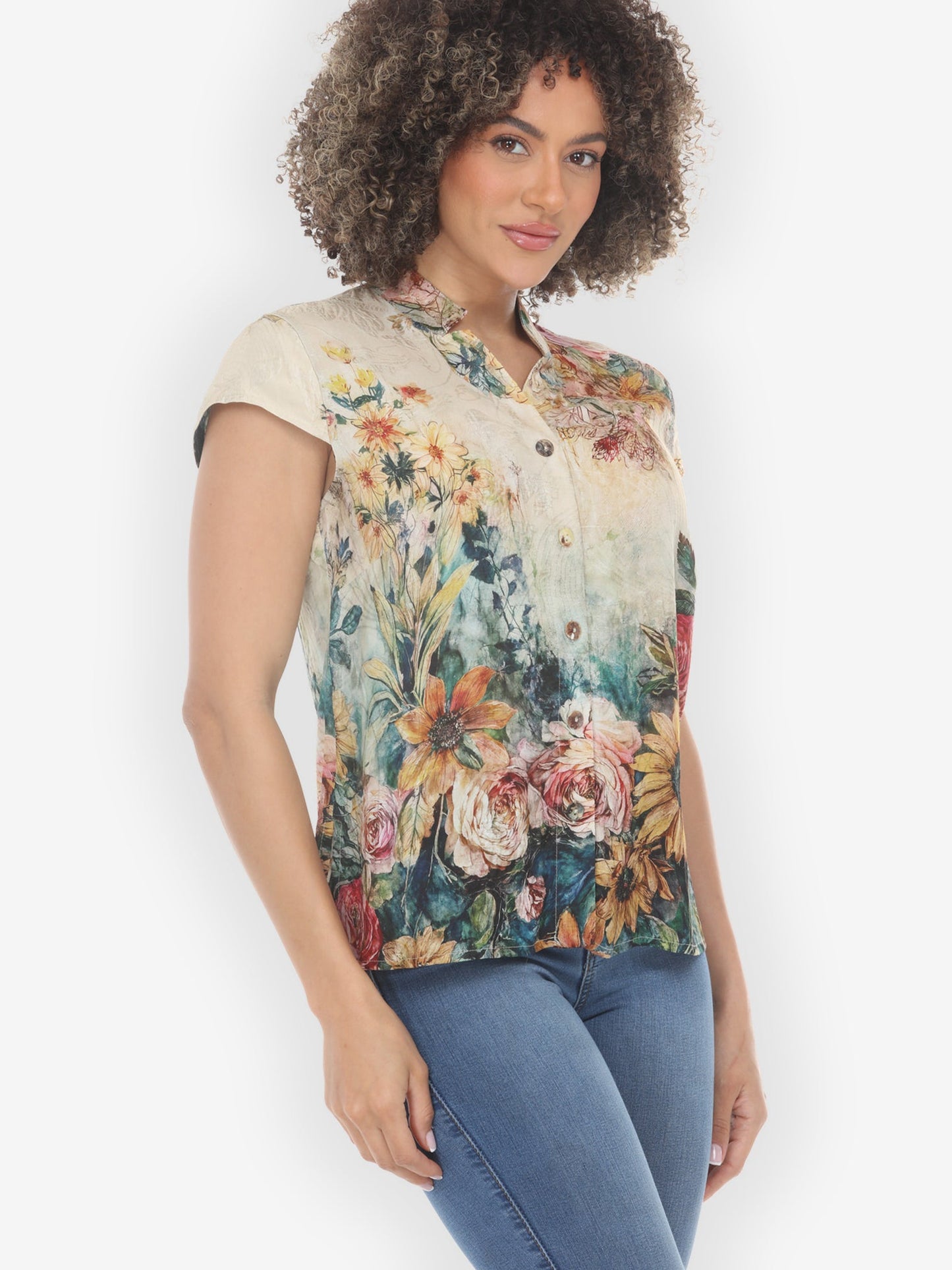 Vintage Floral Art Silk Cap Sleeve Blouse