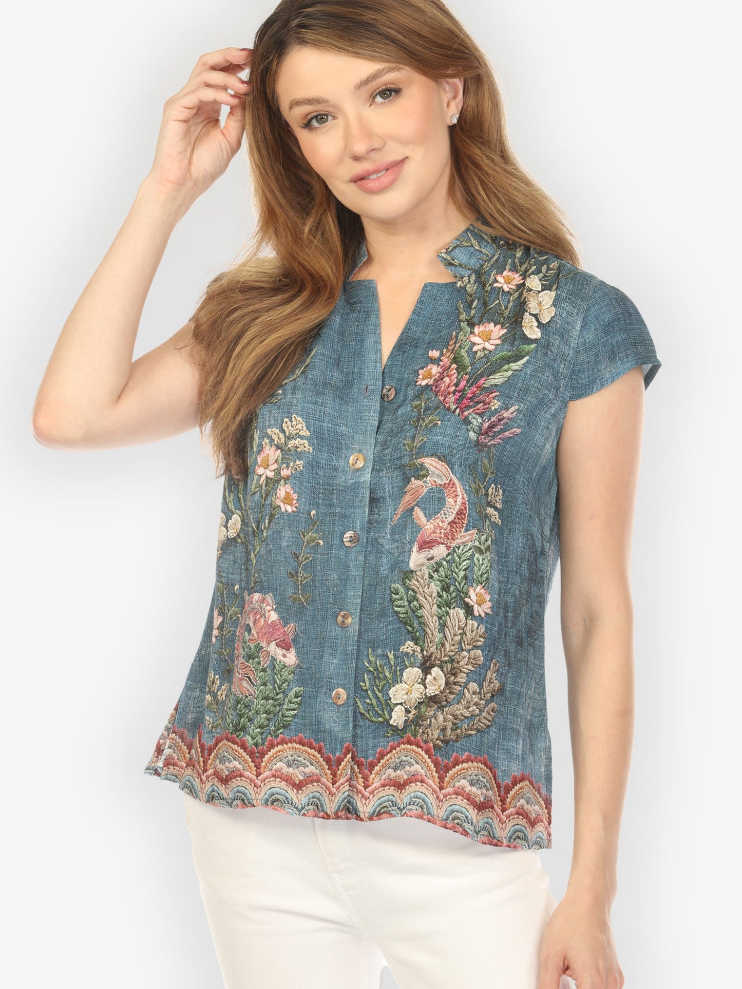 Cap Sleeve Blouse Vintage Koi Embroidery Silk Cap Sleeve Blouse