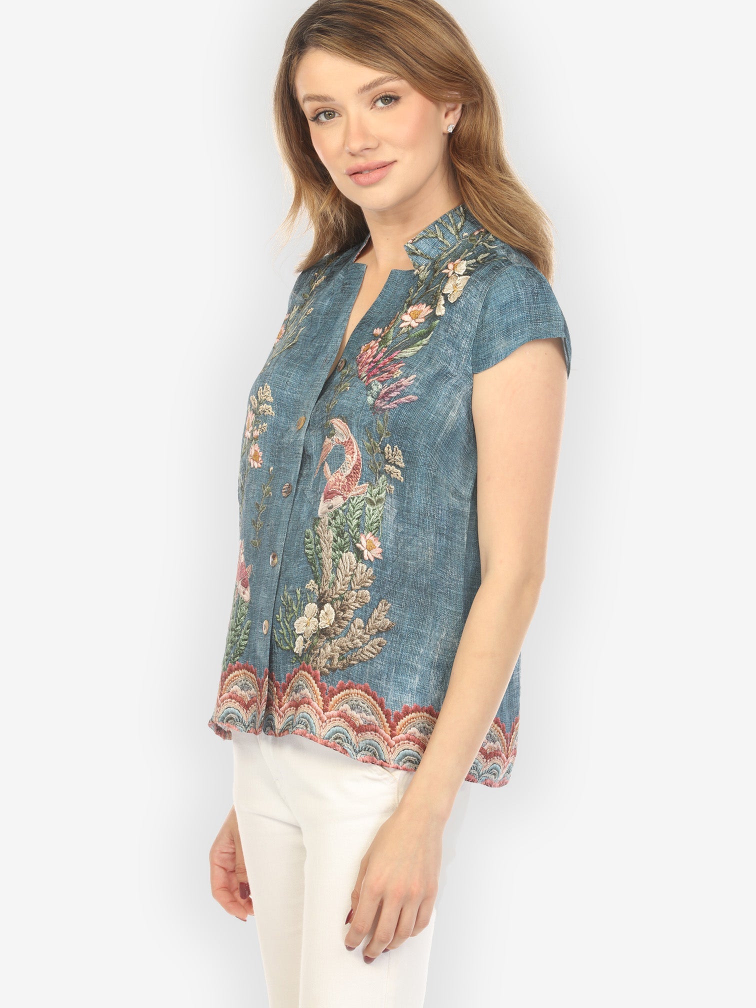 Cap Sleeve Blouse Vintage Koi Embroidery Silk Cap Sleeve Blouse