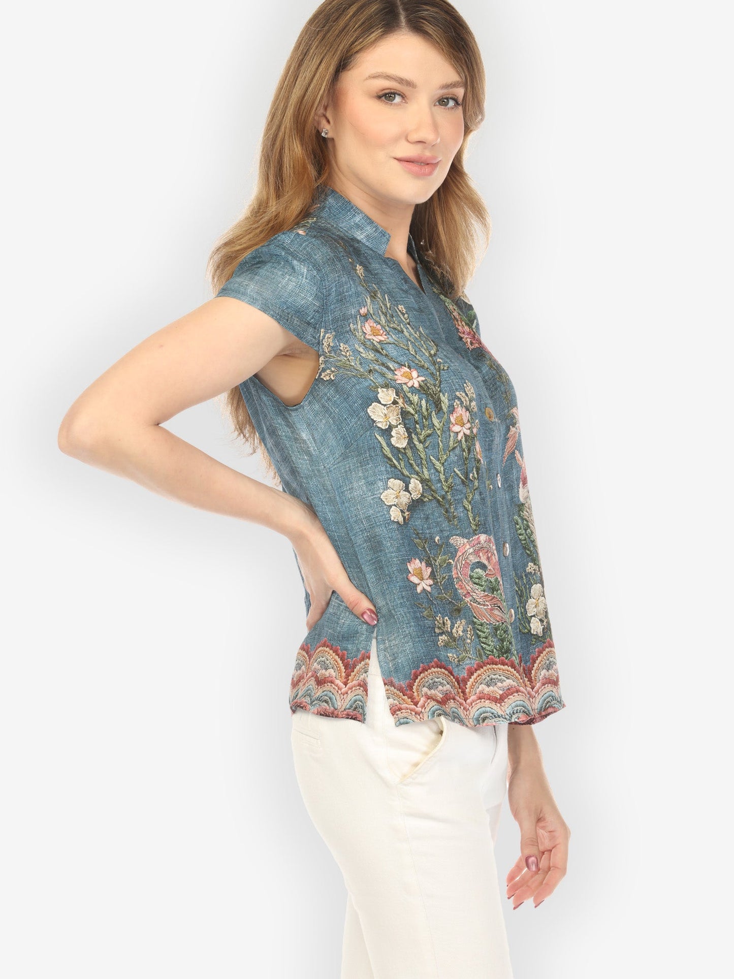 Cap Sleeve Blouse Vintage Koi Embroidery Silk Cap Sleeve Blouse