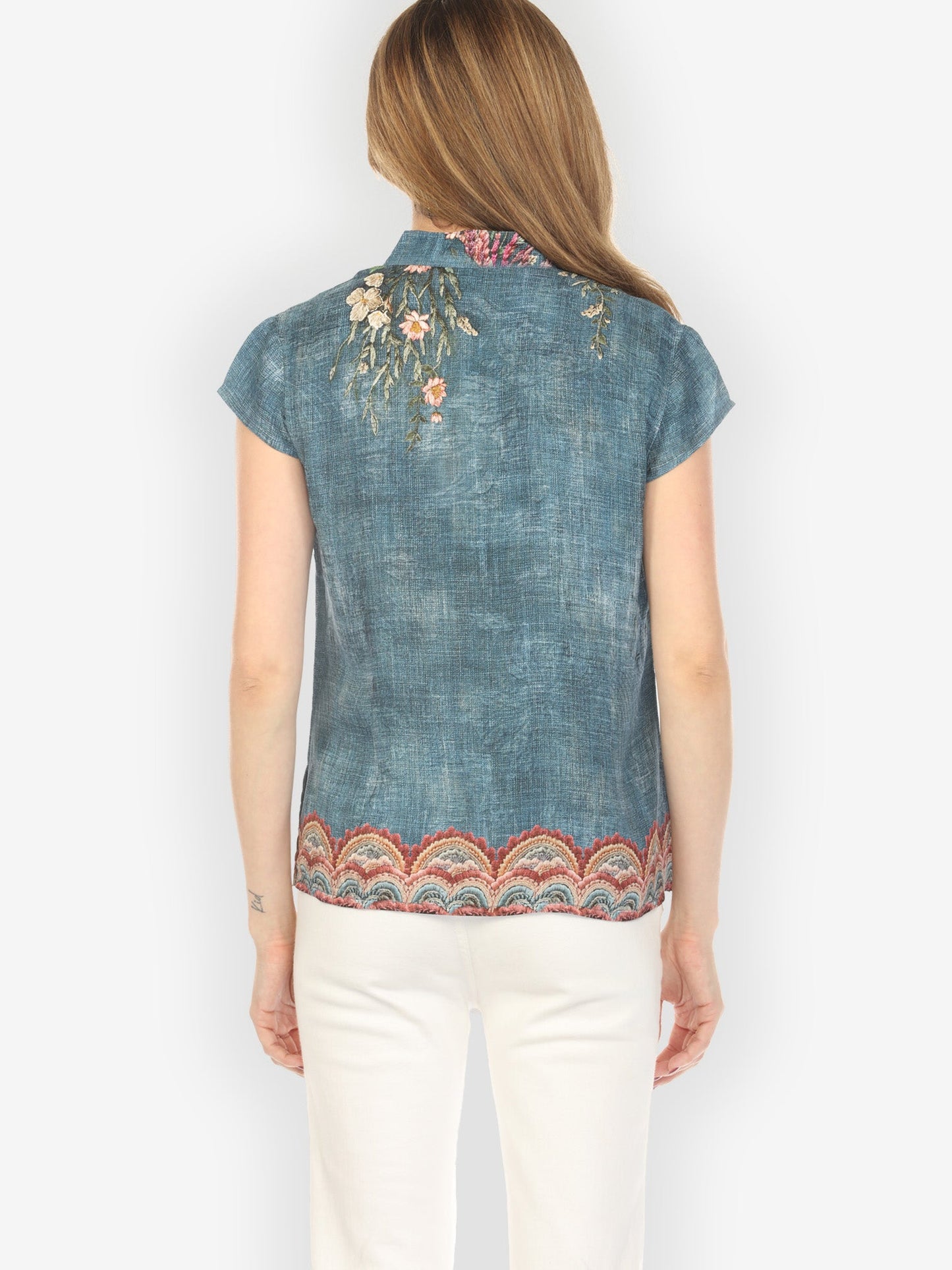 Cap Sleeve Blouse Vintage Koi Embroidery Silk Cap Sleeve Blouse