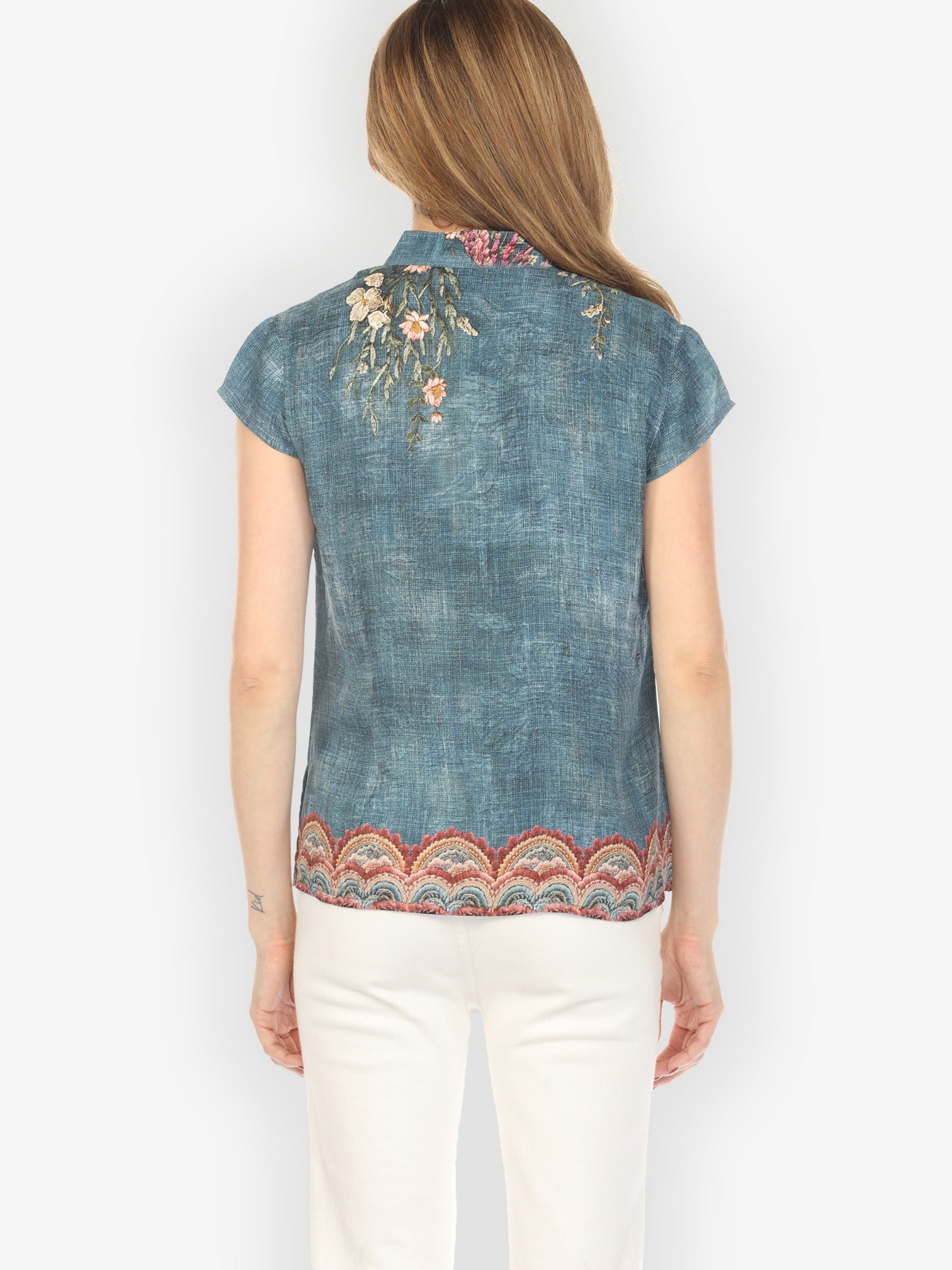 Cap Sleeve Blouse Vintage Koi Embroidery Silk Cap Sleeve Blouse