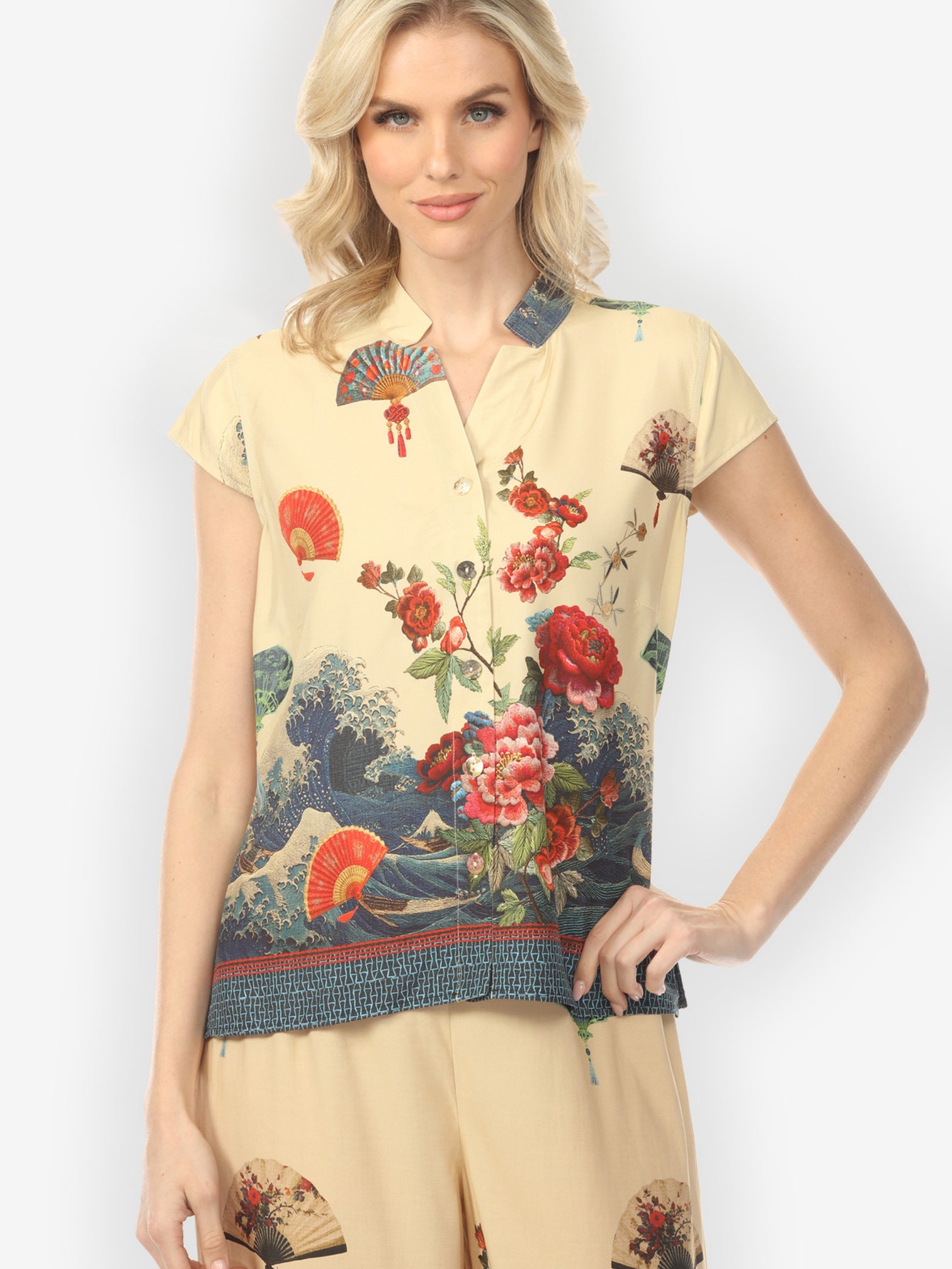Cap Sleeve Blouse Waves Fans Flowers in Cream Cap Sleeve Blouse