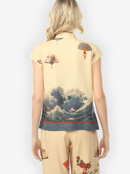 Cap Sleeve Blouse Waves Fans Flowers in Cream Cap Sleeve Blouse