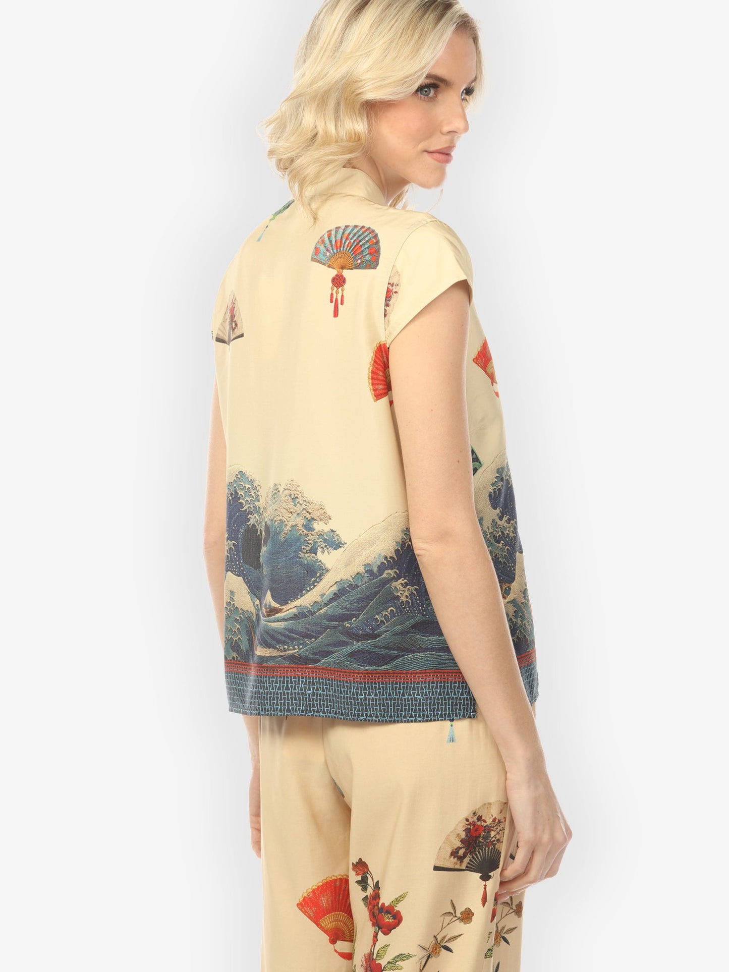 Cap Sleeve Blouse Waves Fans Flowers in Cream Cap Sleeve Blouse