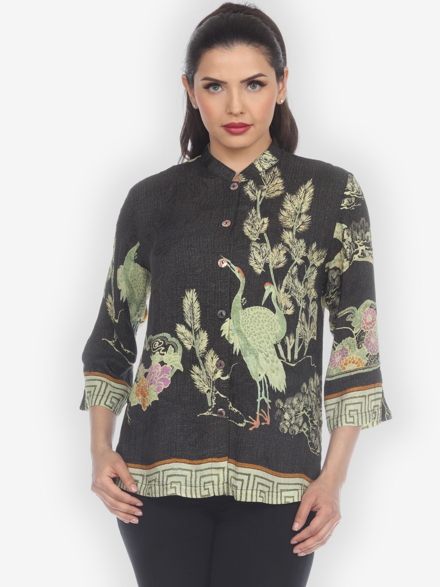 Jackets Antique Silk Crane Citron Style Silk Blouse