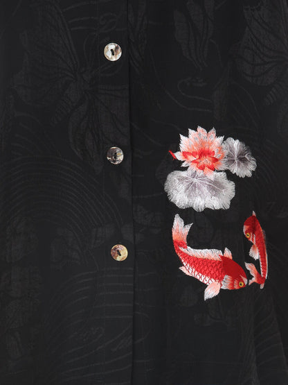 Black Embroidery Koi Goldfish Silk Shirt