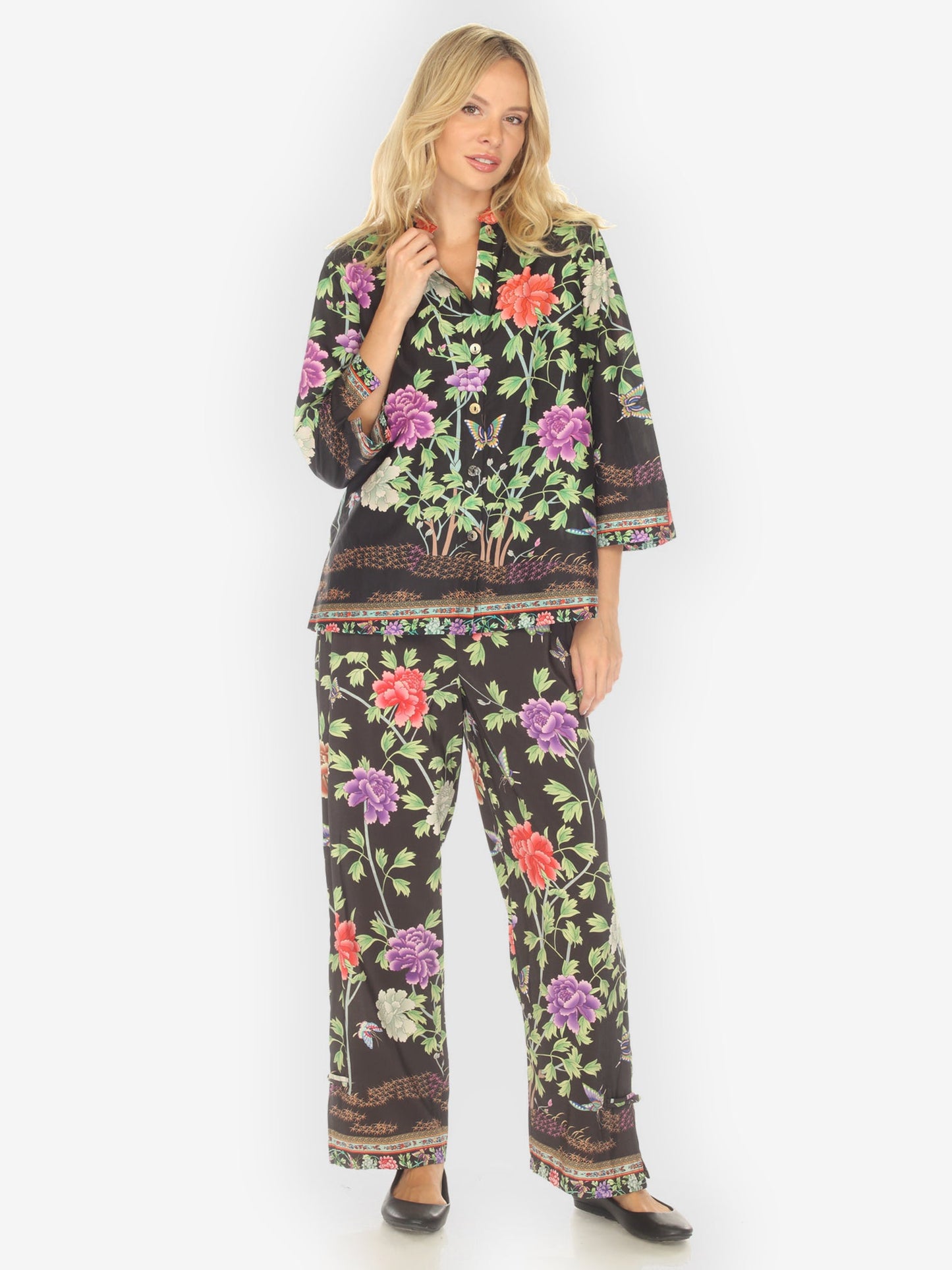 Citron Style Blouse Border Floral Butterflies in Black Cotton Blouse