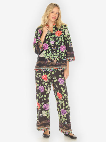 Citron Style Blouse Border Floral Butterflies in Black Cotton Blouse