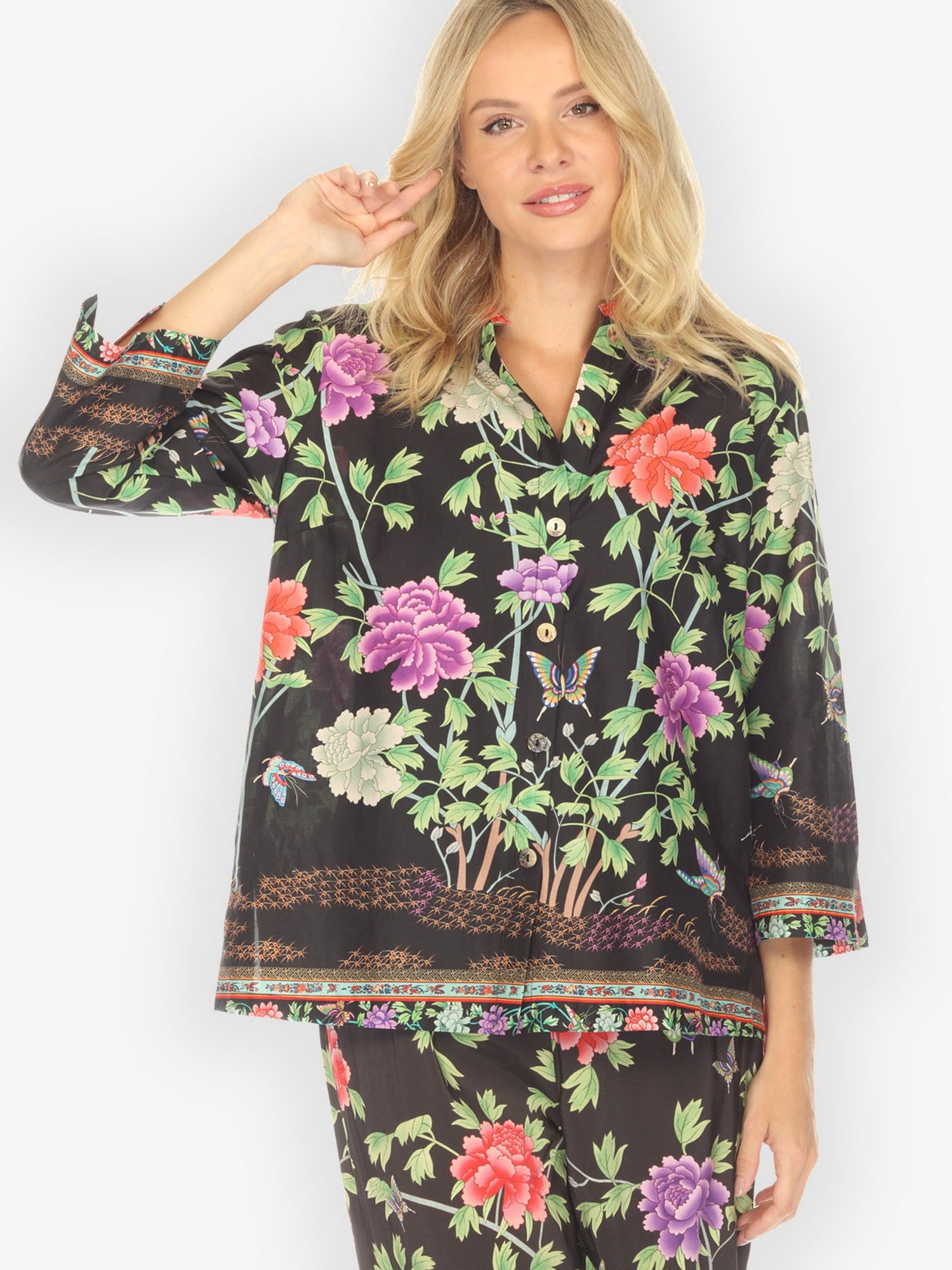 Citron Style Blouse Border Floral Butterflies in Black Cotton Blouse