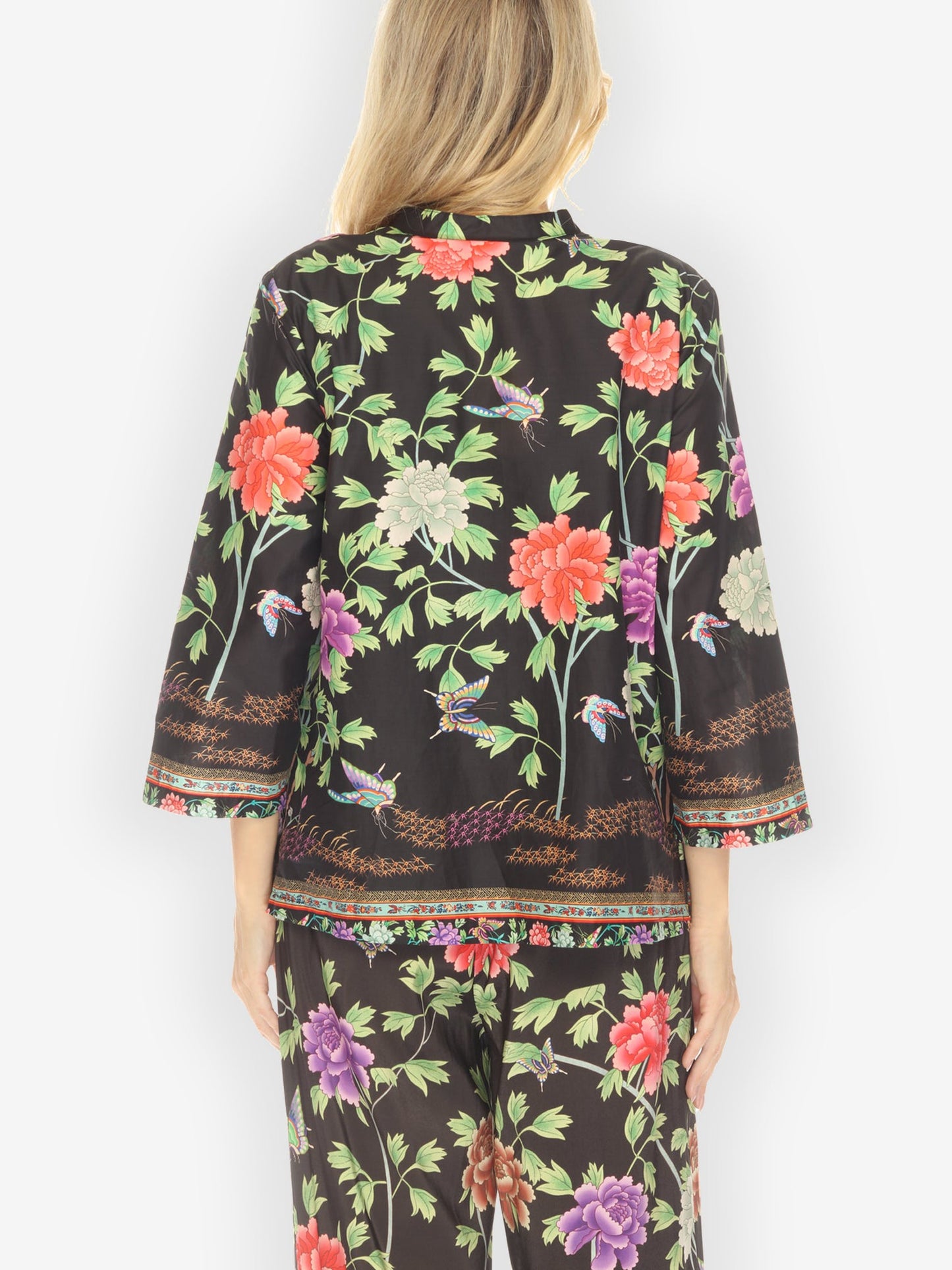 Citron Style Blouse Border Floral Butterflies in Black Cotton Blouse