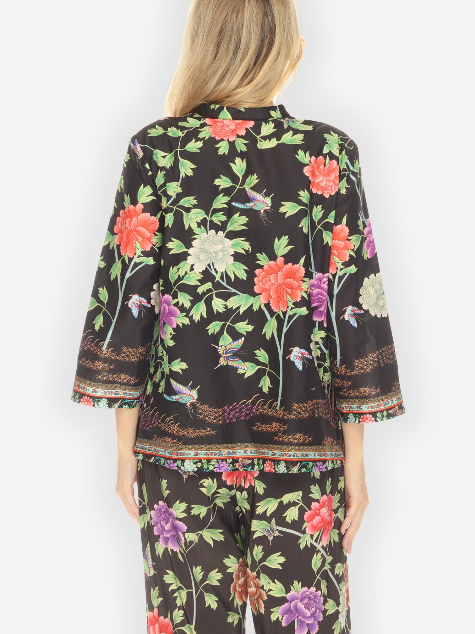Citron Style Blouse Border Floral Butterflies in Black Cotton Blouse