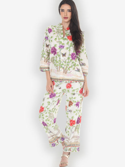 Pull on Pant Border Floral Butterflies in White Pull on Pant