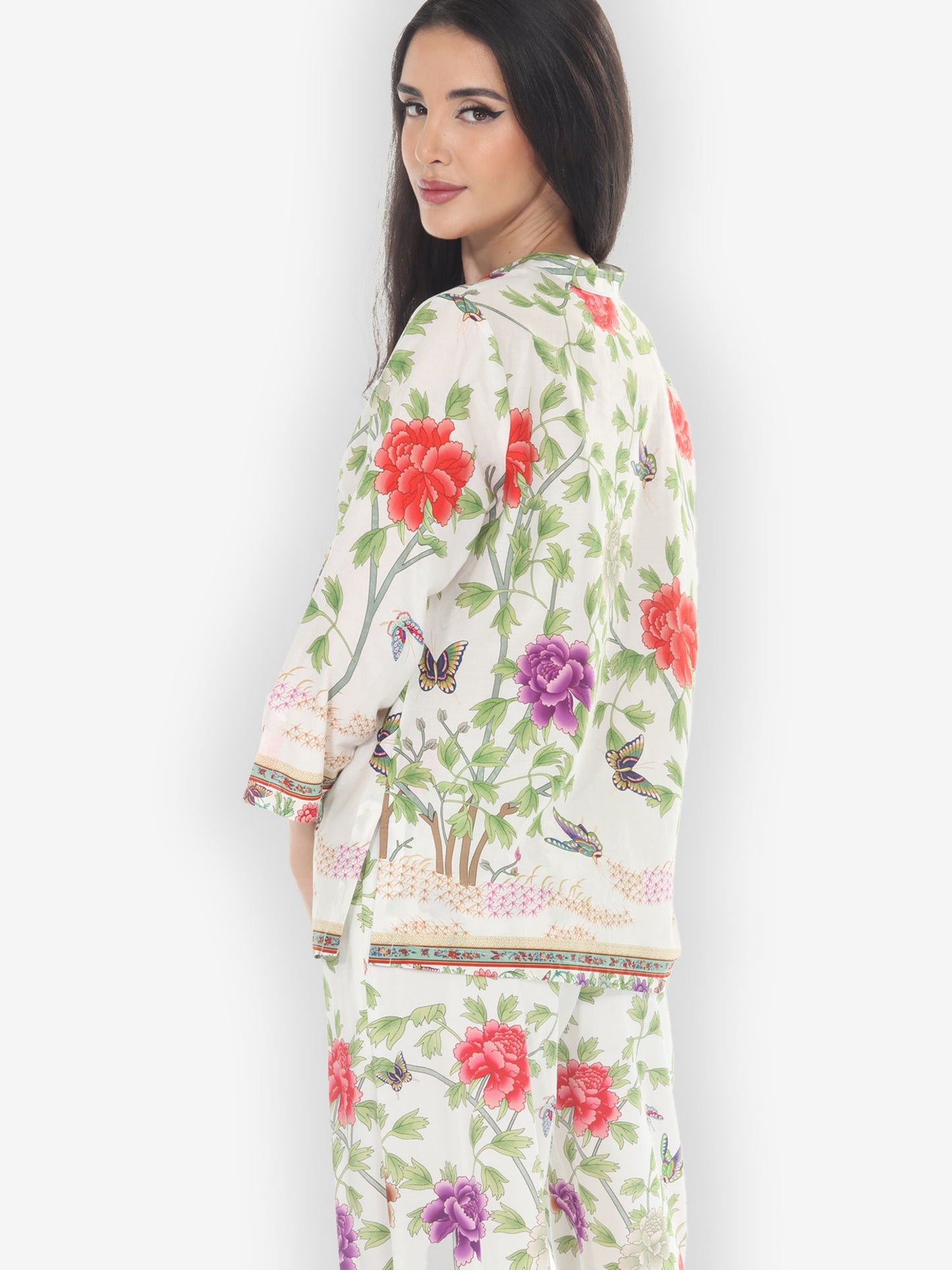 Citron Style Blouse Border Floral Butterflies in White Cotton Blouse