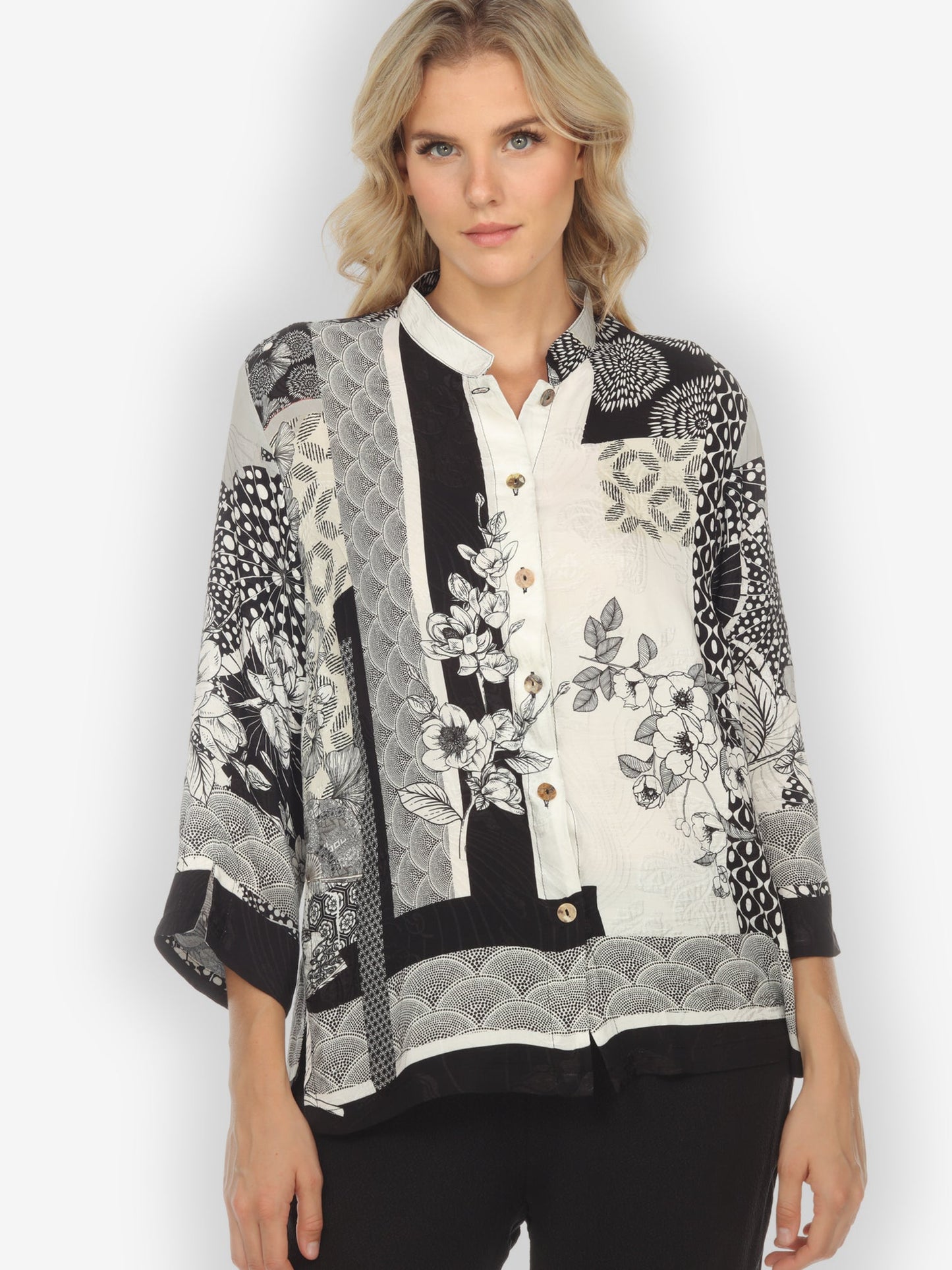 Jackets Black White Blossom Citron Style Silk Blouse