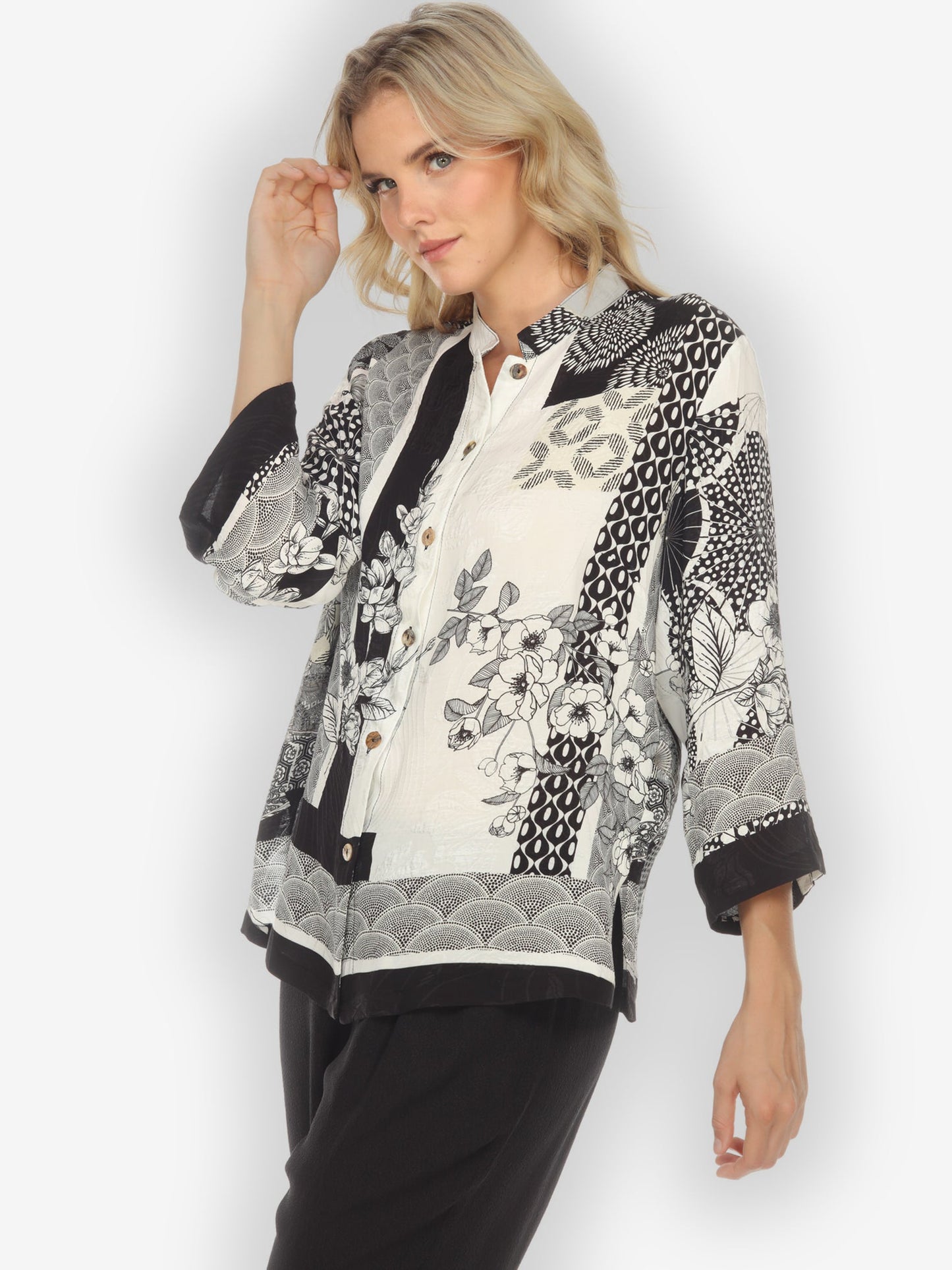 Jackets Black White Blossom Citron Style Silk Blouse