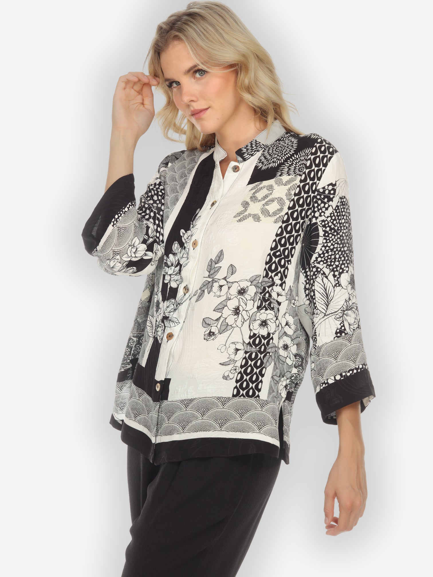 Jackets Black White Blossom Citron Style Silk Blouse