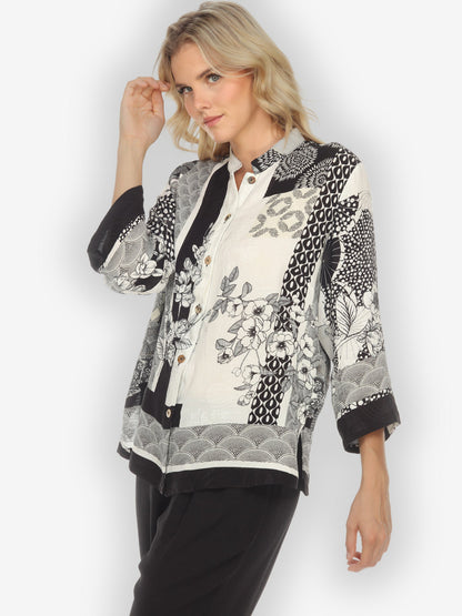 Jackets Black White Blossom Citron Style Silk Blouse