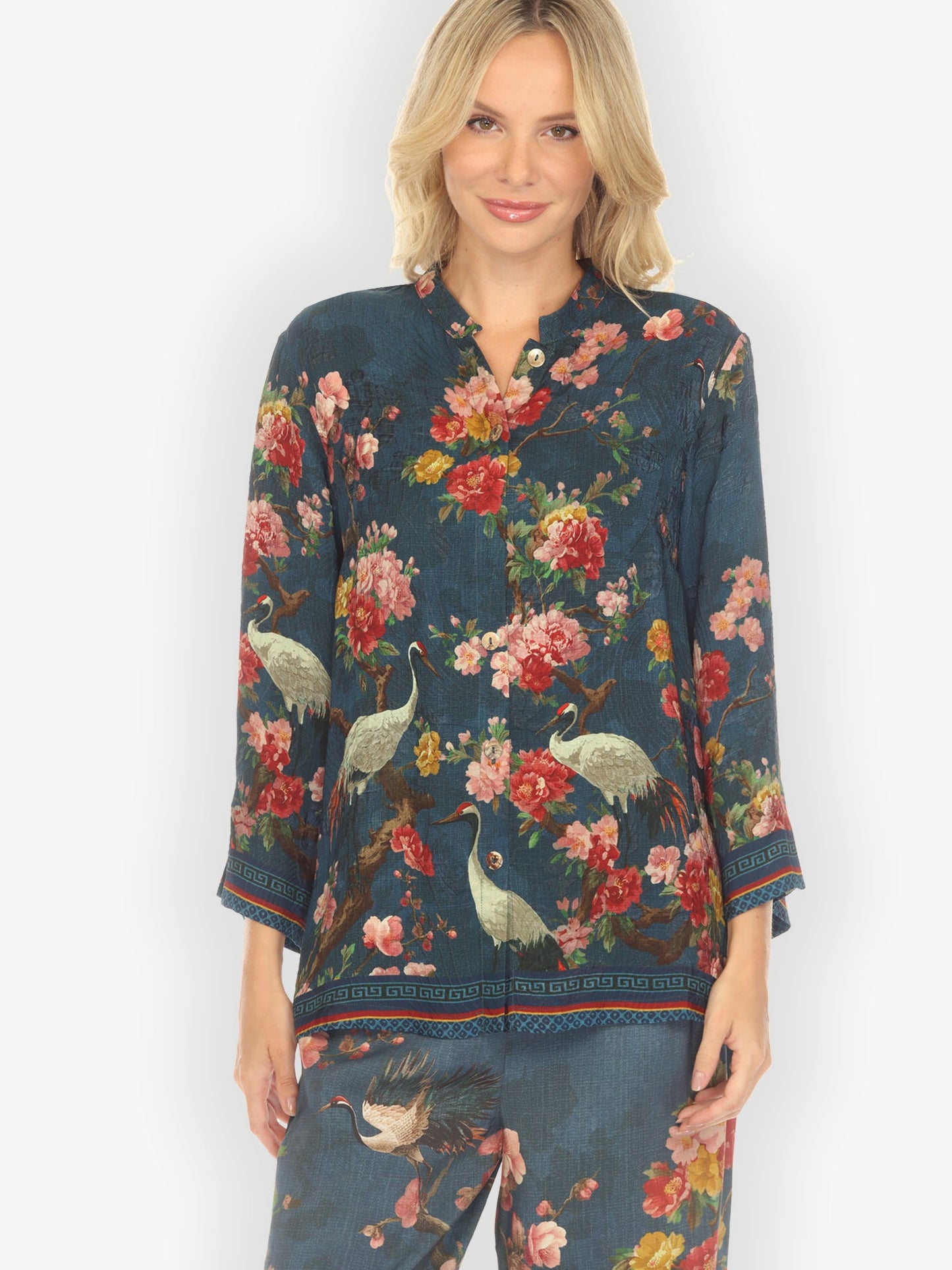 Citron Style Blouse Crane and Cherry Bloom Silk Blouse