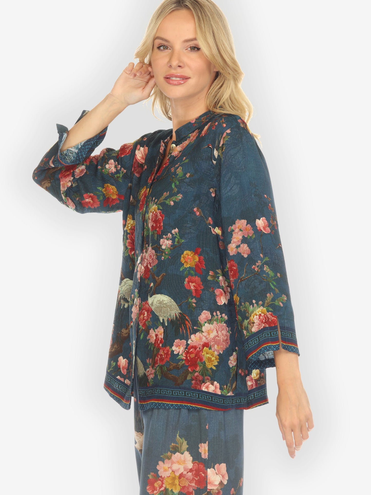 Citron Style Blouse Crane and Cherry Bloom Silk Blouse
