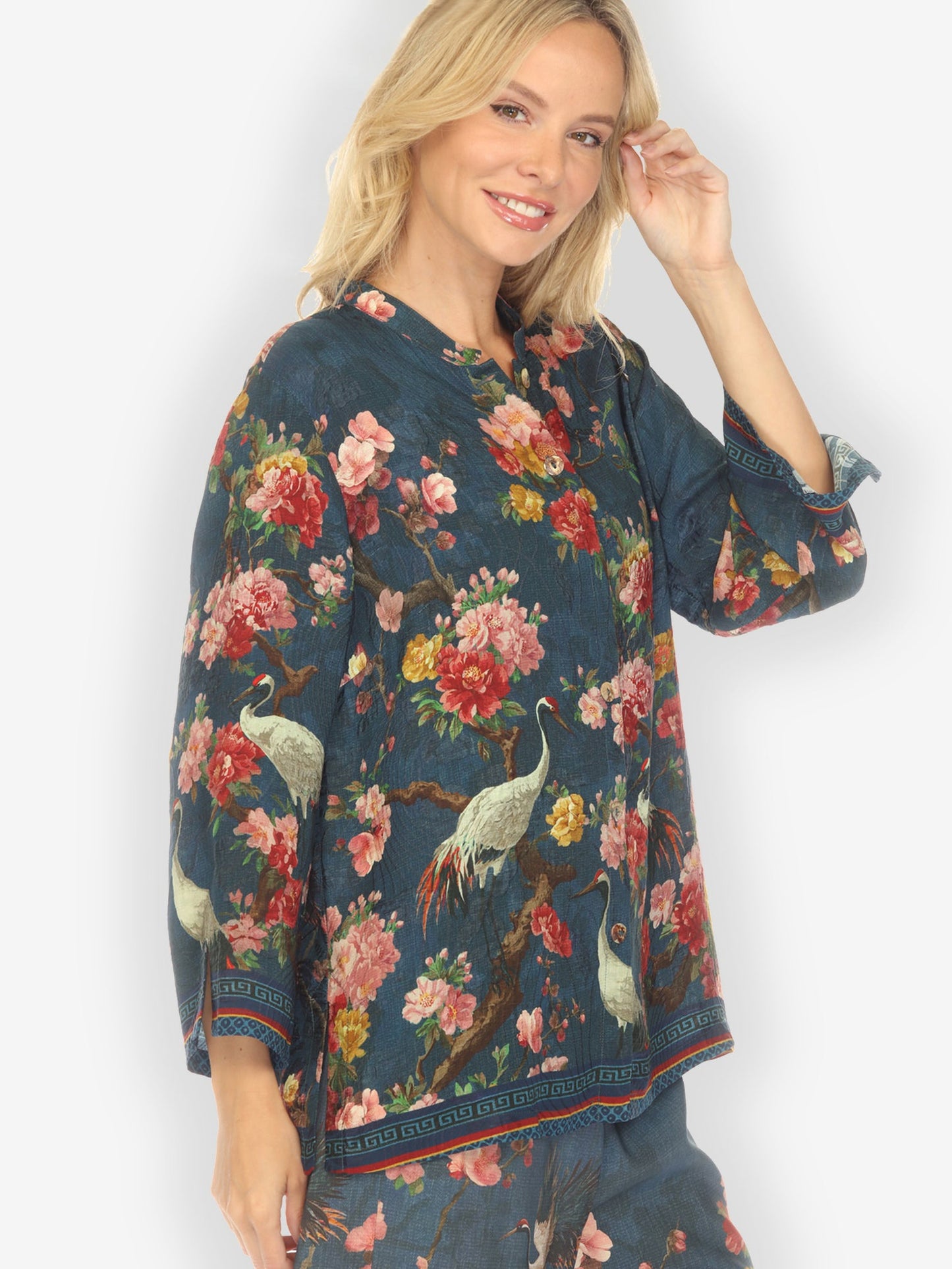 Citron Style Blouse Crane and Cherry Bloom Silk Blouse