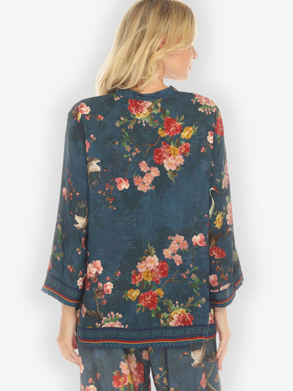 Citron Style Blouse Crane and Cherry Bloom Silk Blouse