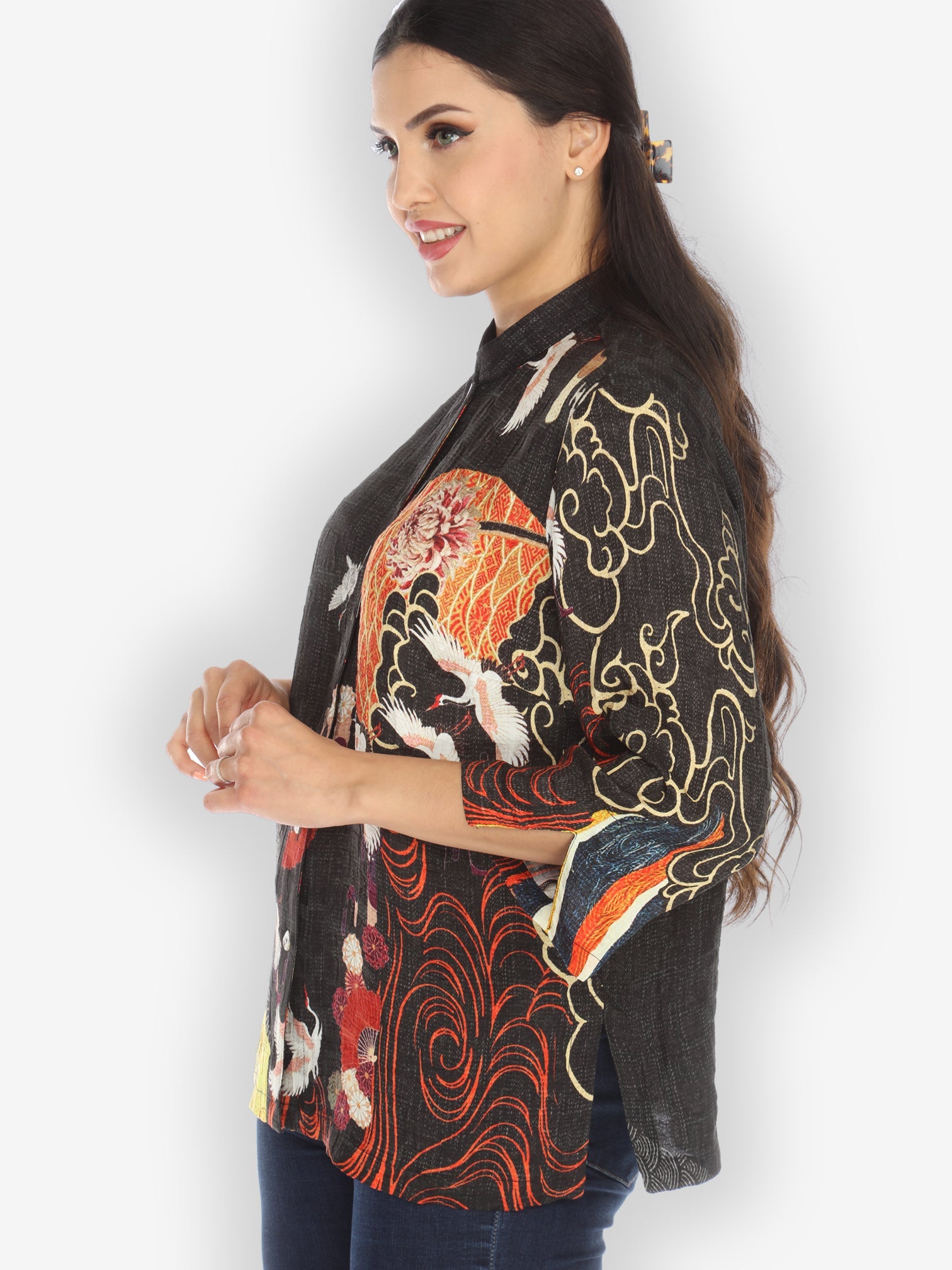 Jackets Chrysanthemum Crane Citron Style Silk Blouse
