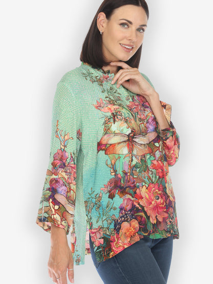 Jackets Colorful Dragonfly Floral Silk Blend Blouse