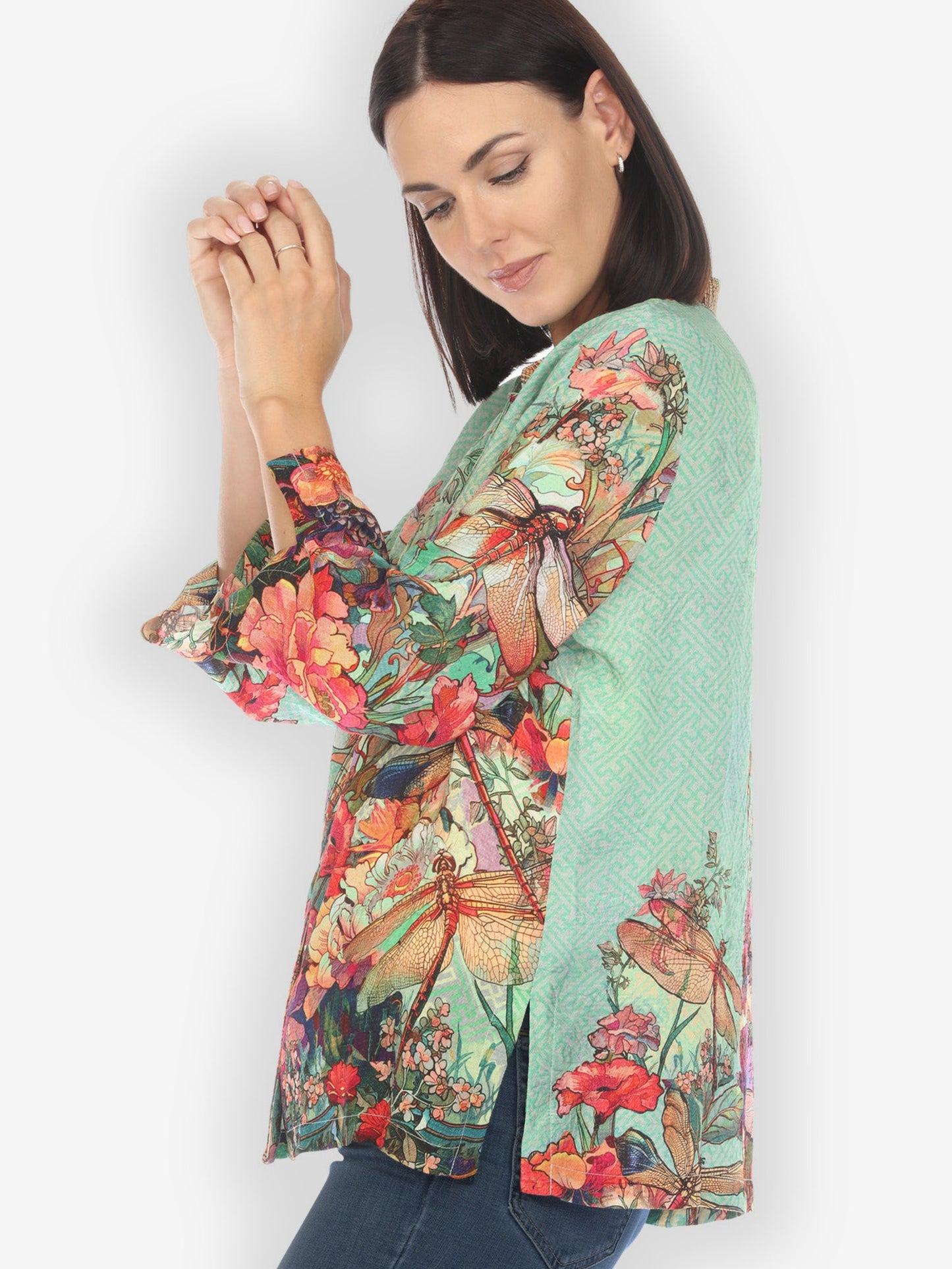 Jackets Colorful Dragonfly Floral Silk Blend Blouse