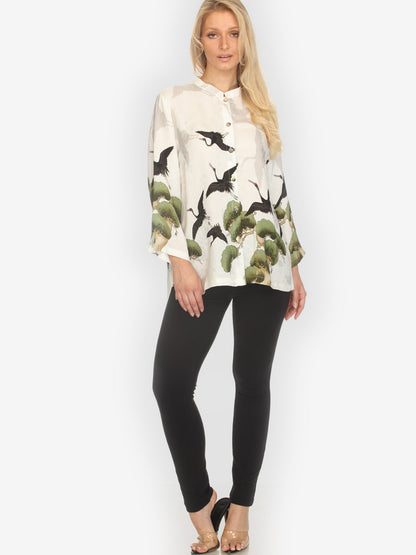Crane Over Forest in White Silk Blouse