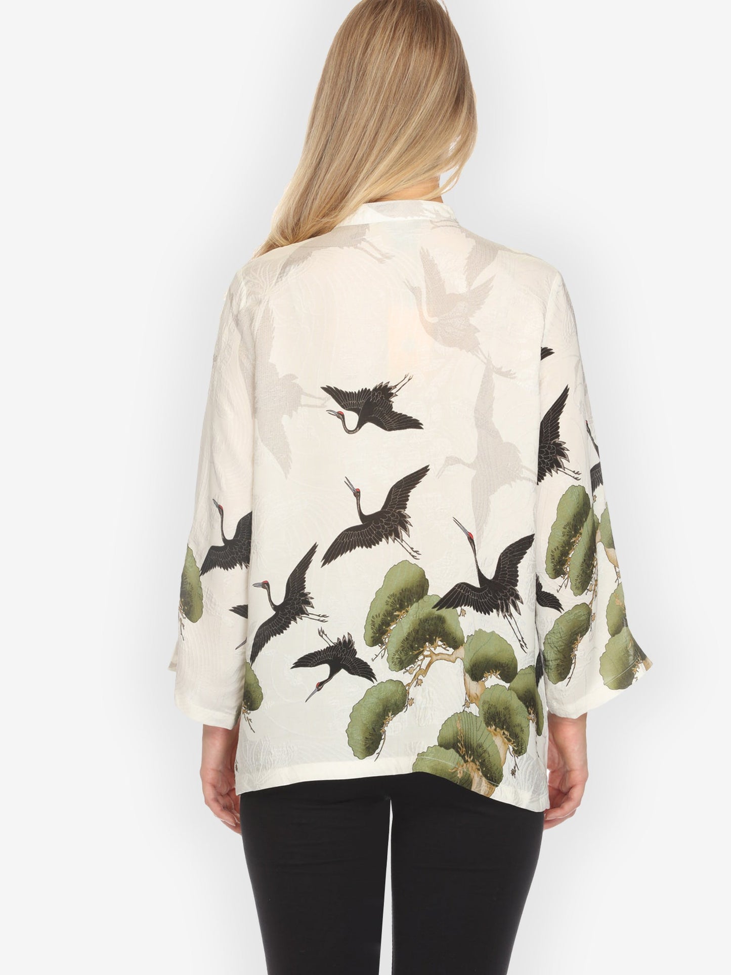 Crane Over Forest in White Silk Blouse