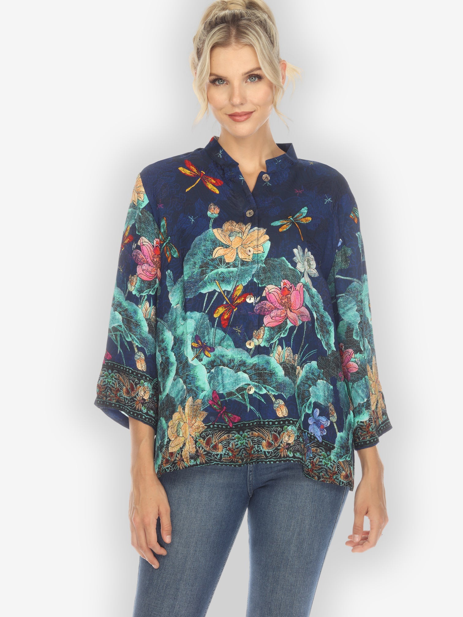 Jackets Dragonfly Lotus Turquoise Silk Blouse