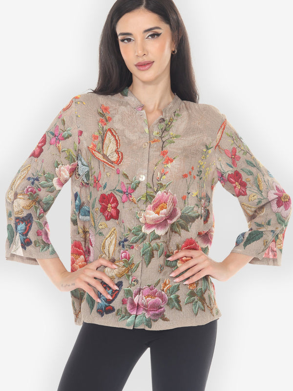Embroidery Butterfly and Flower Citron Style Blouse