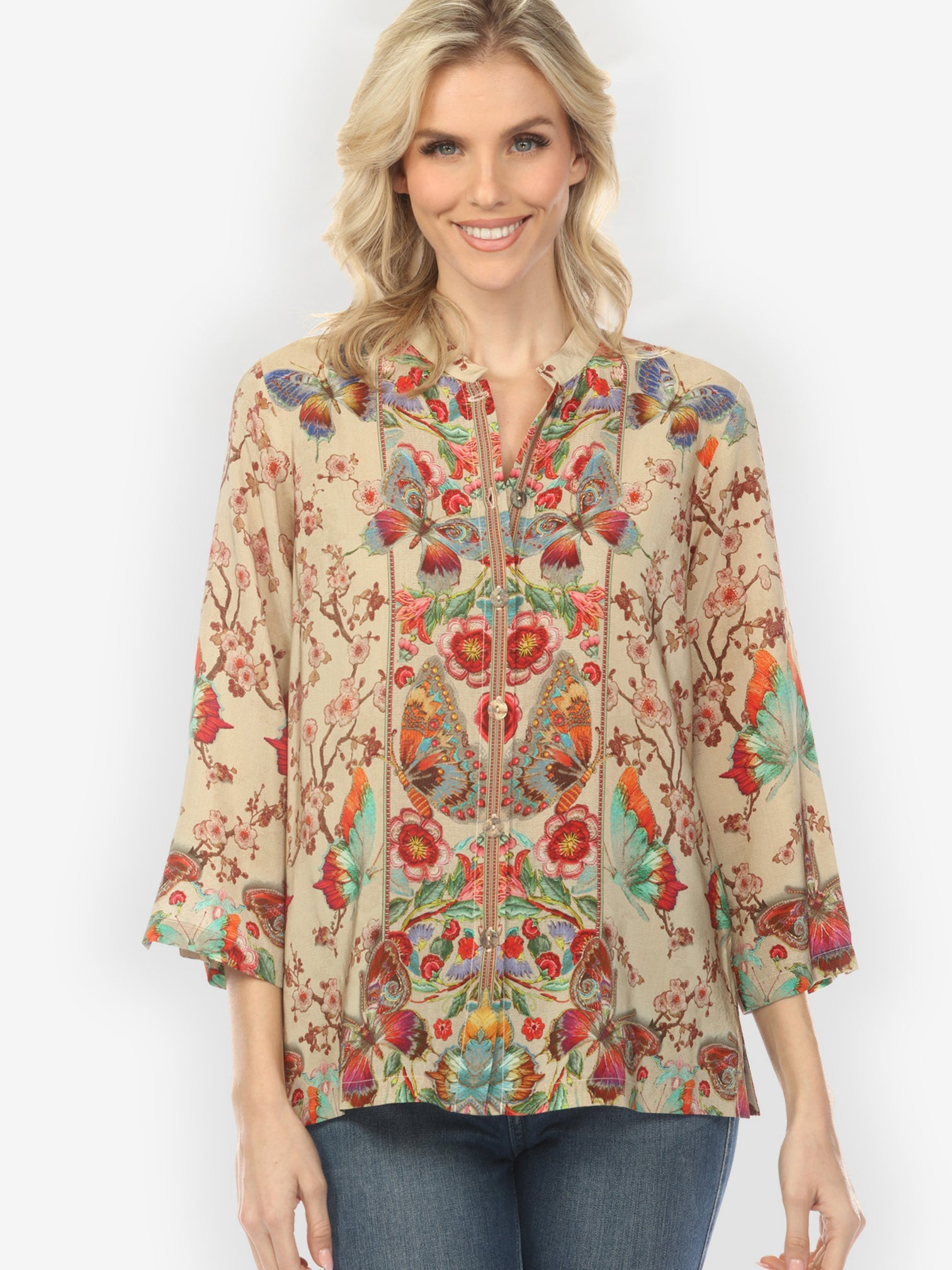 Citron Classic Blouse Embroidery Butterflies Blossoms in Sand Silk Blouse