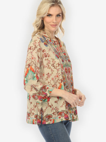 Citron Classic Blouse Embroidery Butterflies Blossoms in Sand Silk Blouse