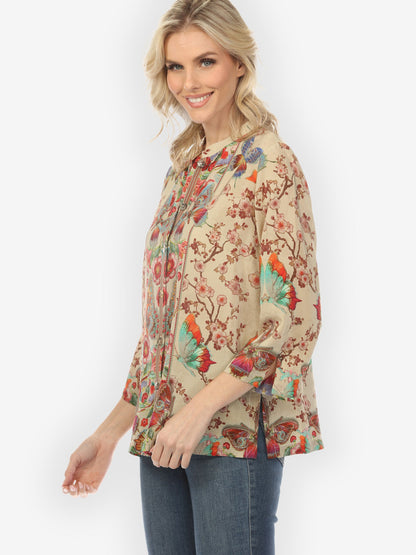 Citron Classic Blouse Embroidery Butterflies Blossoms in Sand Silk Blouse
