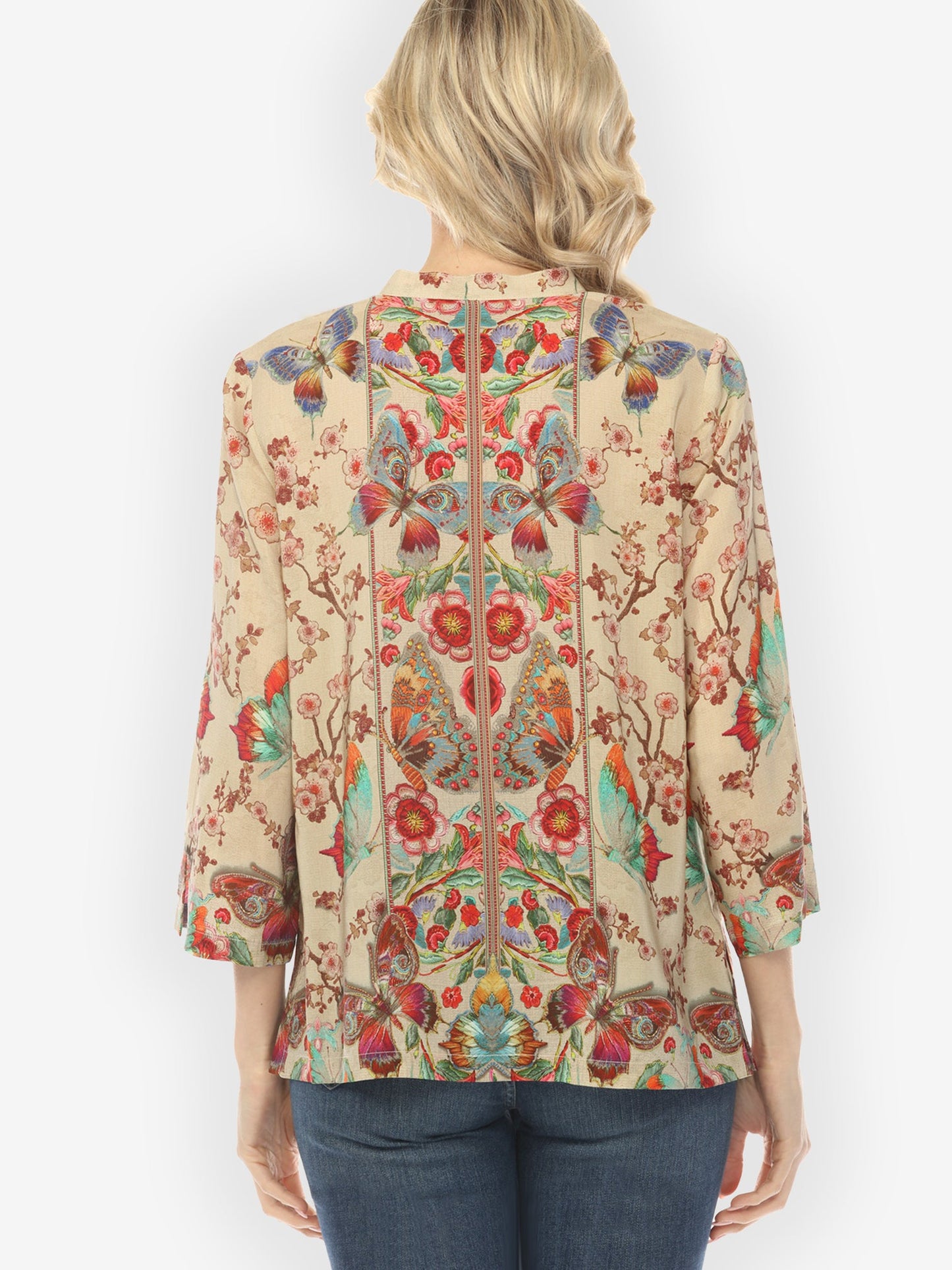 Citron Classic Blouse Embroidery Butterflies Blossoms in Sand Silk Blouse