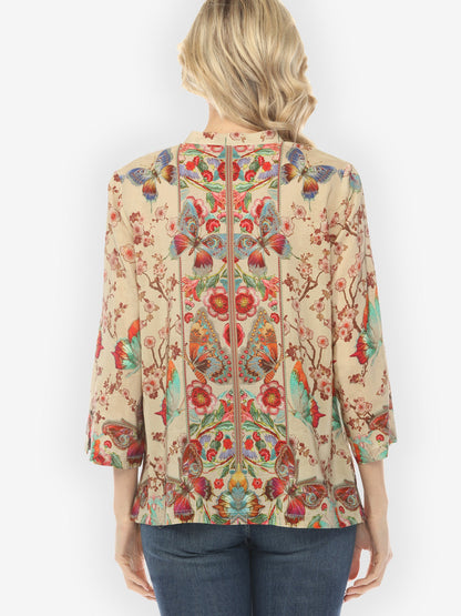 Citron Classic Blouse Embroidery Butterflies Blossoms in Sand Silk Blouse