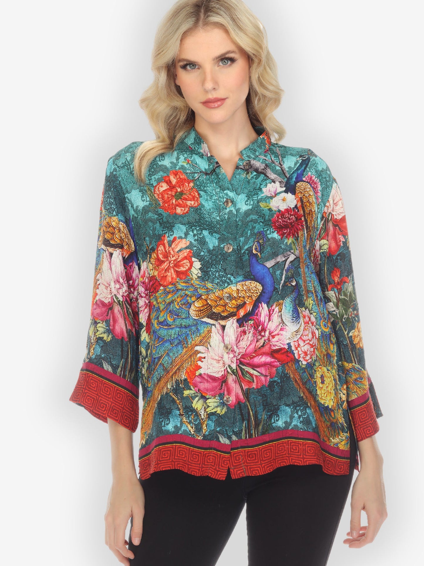 Jackets Flowers and Peacock Feathers Silk Blend Blouse