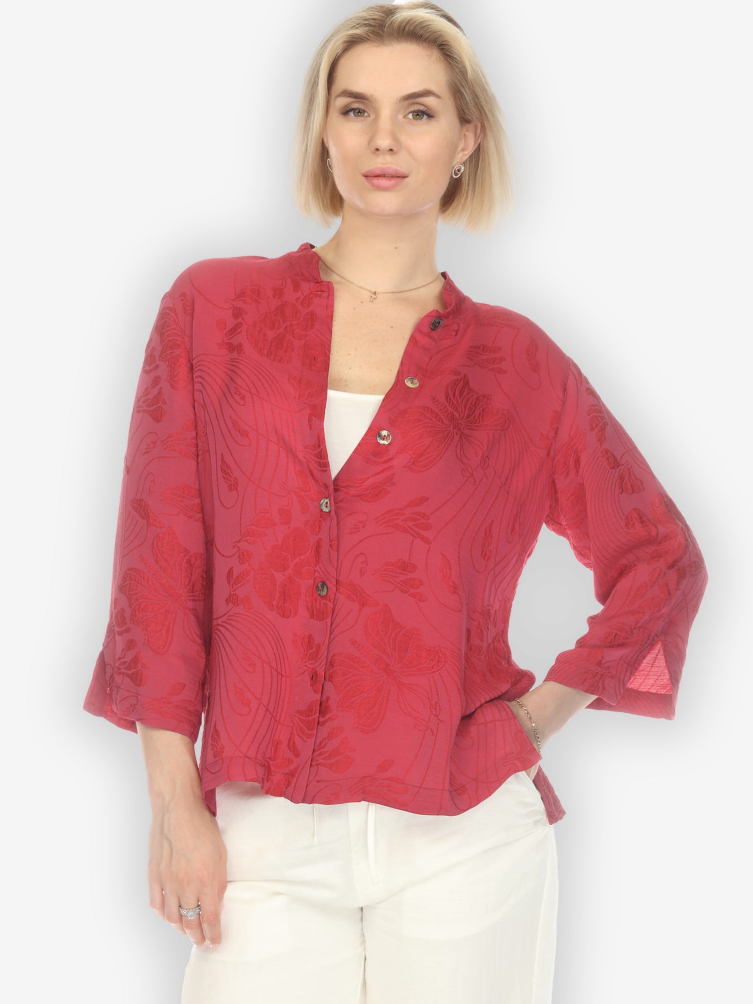 Classic Citron Style Blouse Solid Pinkish-Red Silk Blouse