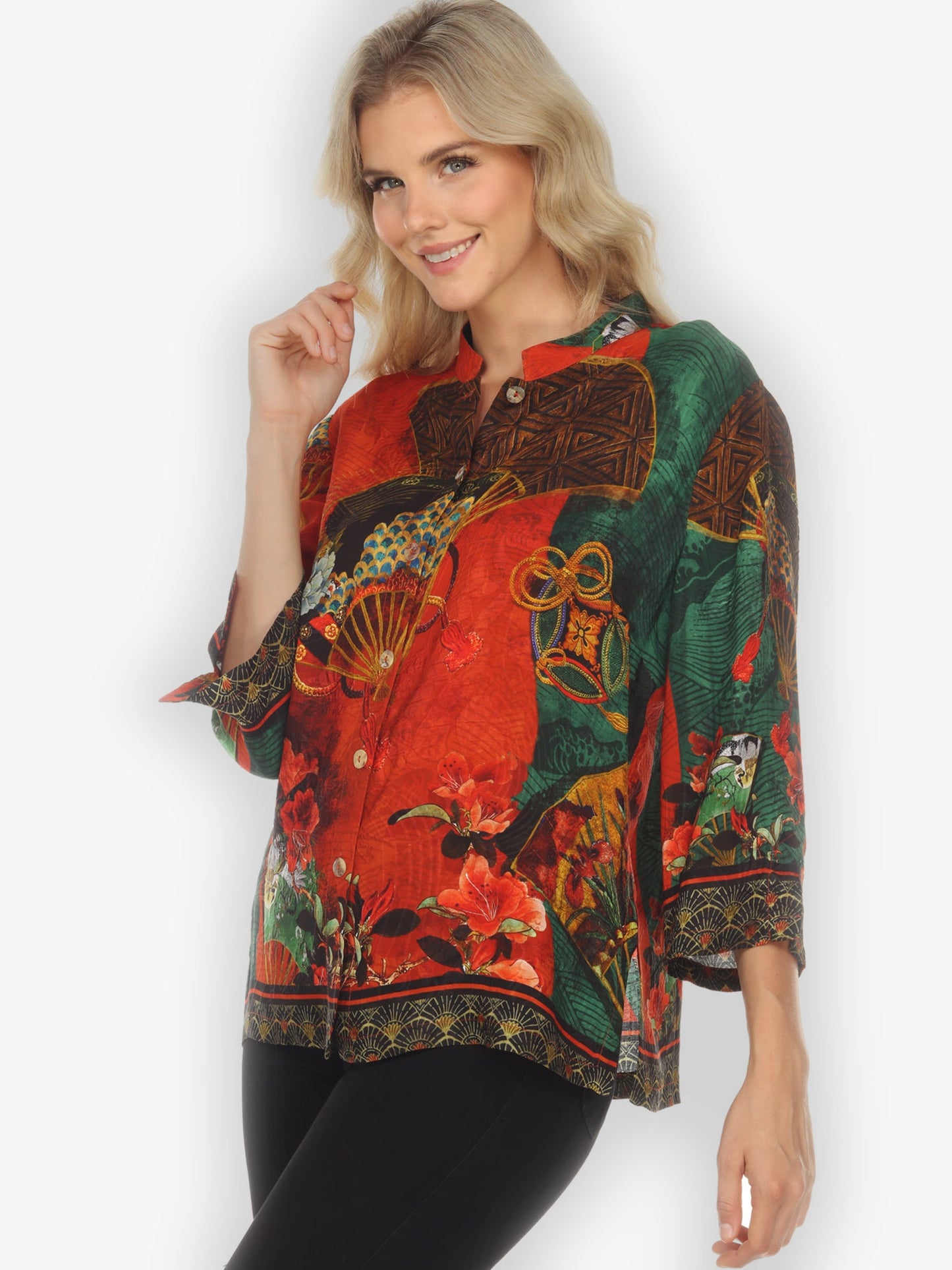 Jackets Fans and Water Citron Style Silk Blouse