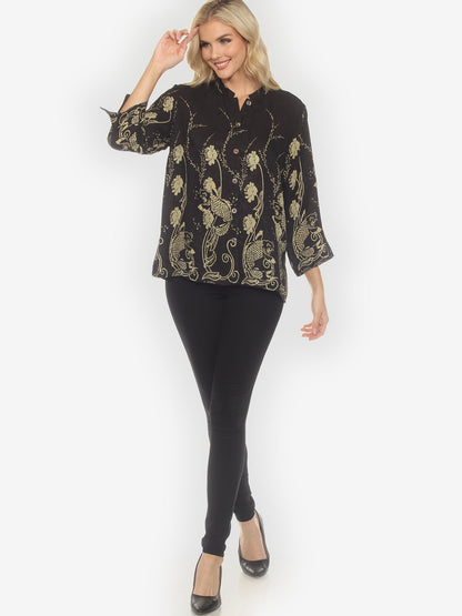 Citron Style Blouse Graceful Fish Flowers in Black Silk Blouse