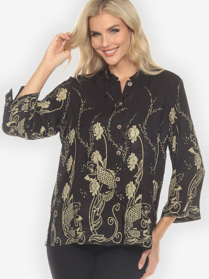 Citron Style Blouse Graceful Fish Flowers in Black Silk Blouse