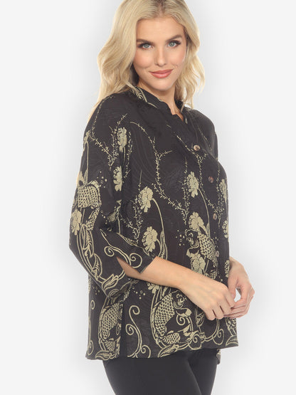 Citron Style Blouse Graceful Fish Flowers in Black Silk Blouse