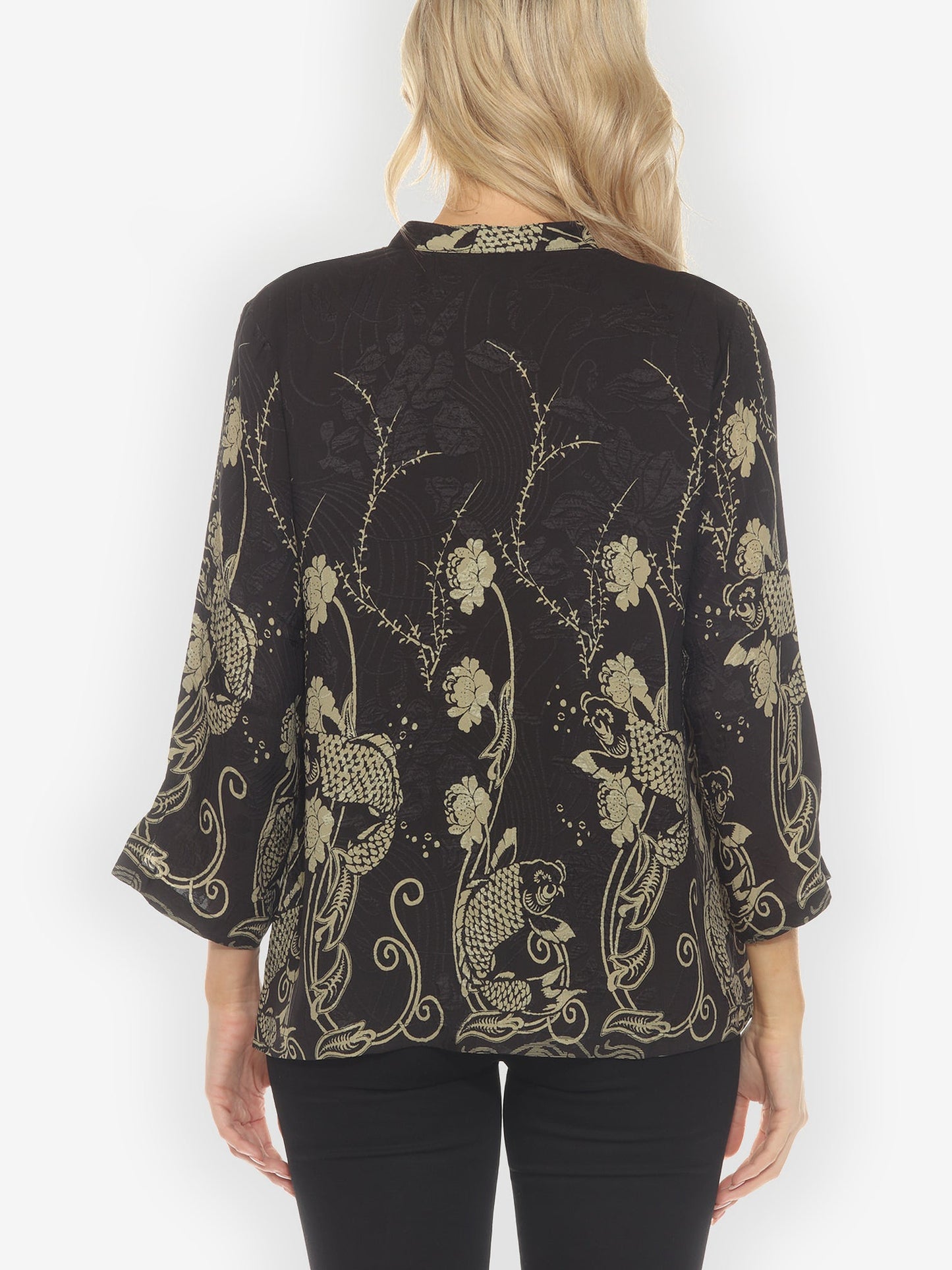 Citron Style Blouse Graceful Fish Flowers in Black Silk Blouse